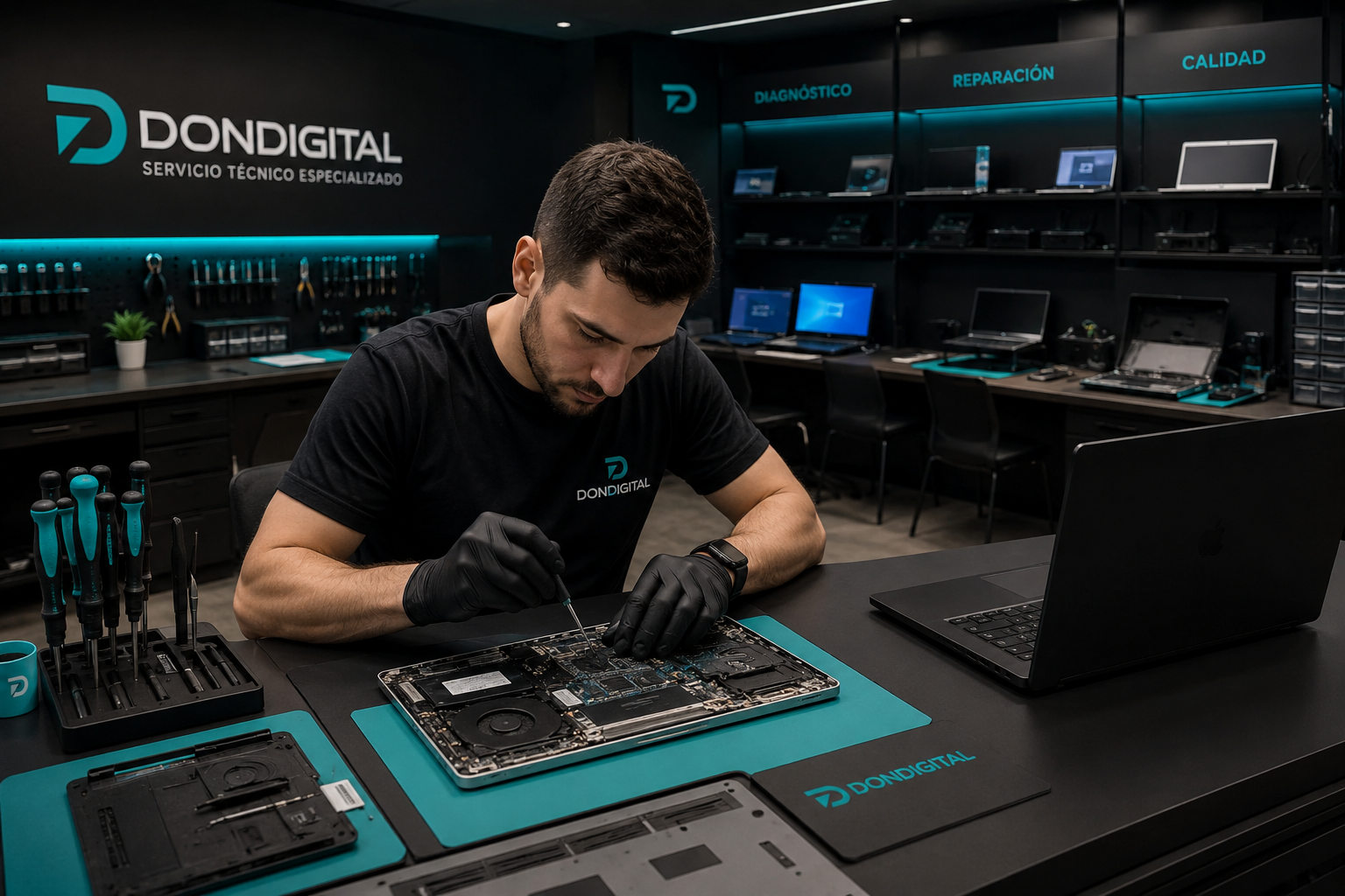 Taller de reparación de notebooks ordenado y profesional